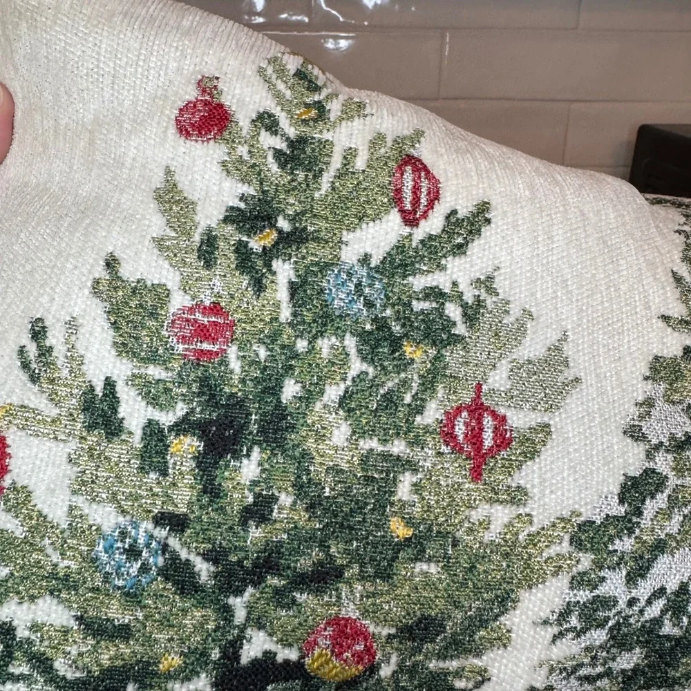 OEKO-TEX Christmas Tree Lumbar Pillow 20x12 Green Red Woven Tapestry Velvet Back